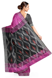 Ikat linen cotton saree in magenta & black