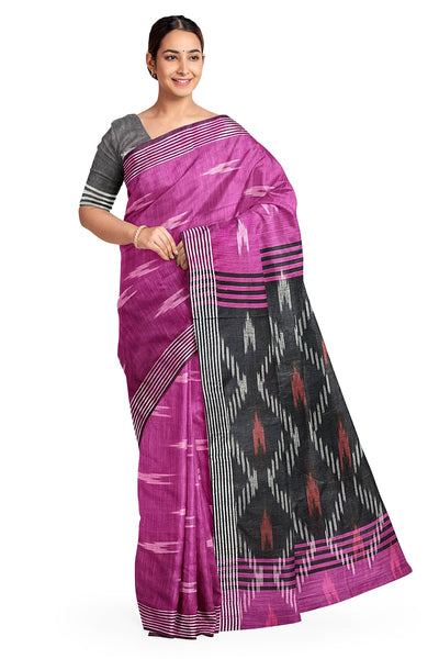 Ikat linen cotton saree in magenta & black