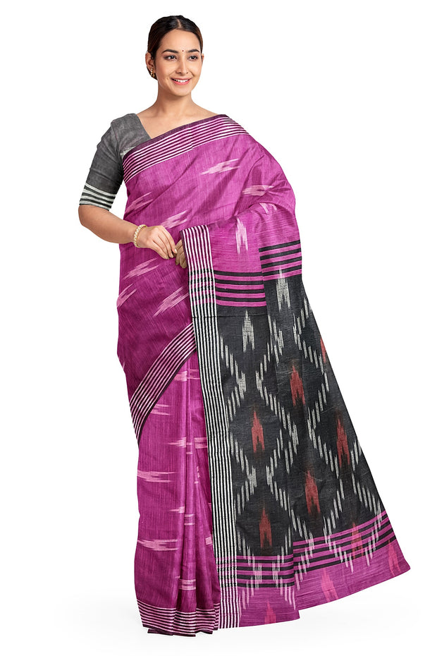 Ikat linen cotton saree in magenta & black