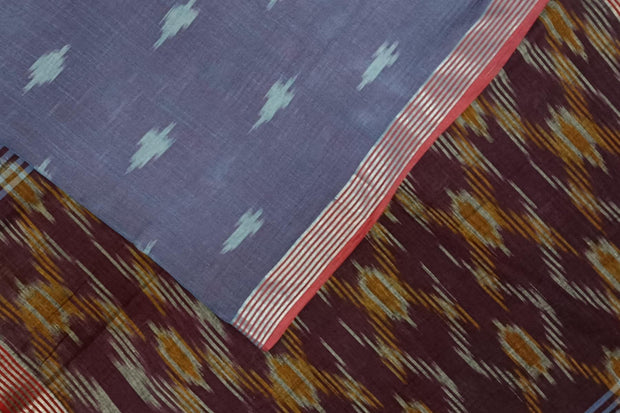 Ikat linen cotton saree in bluish grey & brown