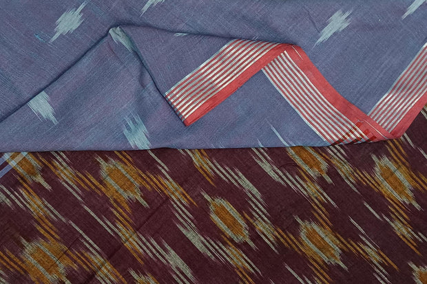 Ikat linen cotton saree in bluish grey & brown