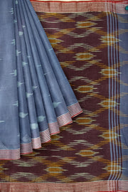 Ikat linen cotton saree in bluish grey & brown