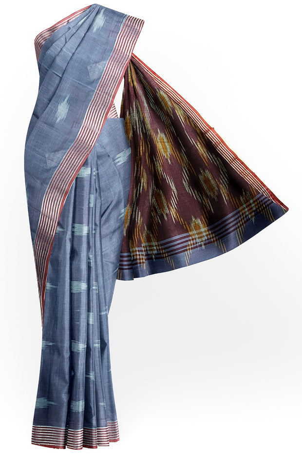 Ikat linen cotton saree in bluish grey & brown