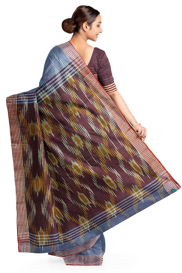 Ikat linen cotton saree in bluish grey & brown