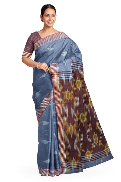 Ikat linen cotton saree in bluish grey & brown