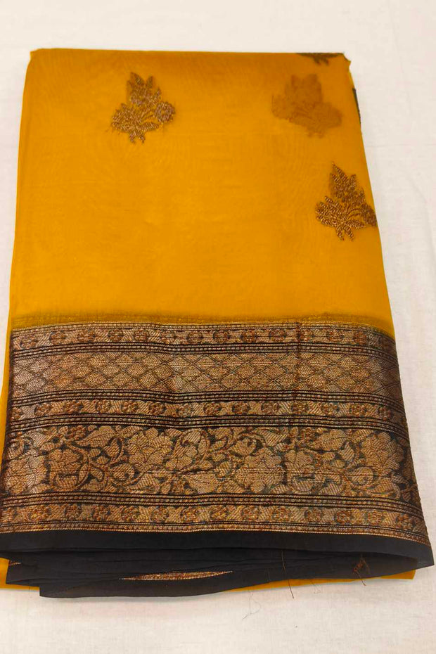 Banarasi kora ( organza) silk saree in mustard yellow with motifs