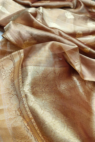 Snuff silk tissue handloom Banarasi saree with floral motifs in gold.