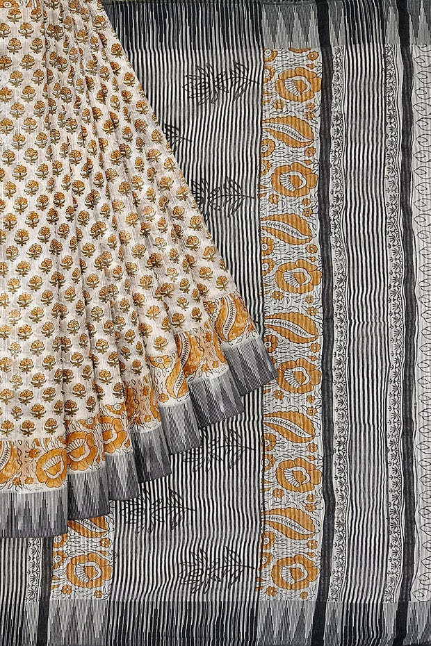 Bagru hand block print linen saree in off white