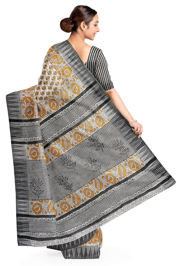 Bagru hand block print linen saree in off white