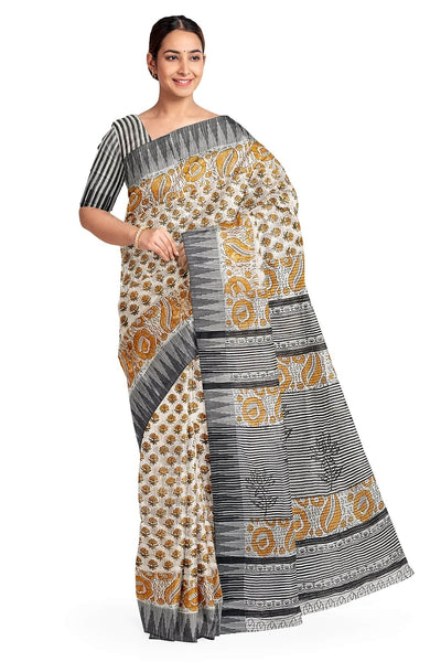 Bagru hand block print linen saree in off white