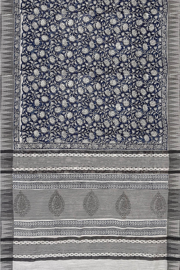 Bagru hand block print linen saree in blue