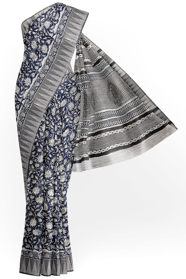 Bagru hand block print linen saree in blue