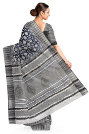 Bagru hand block print linen saree in blue