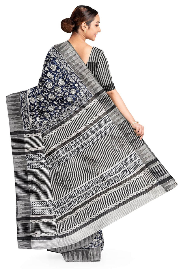 Bagru hand block print linen saree in blue