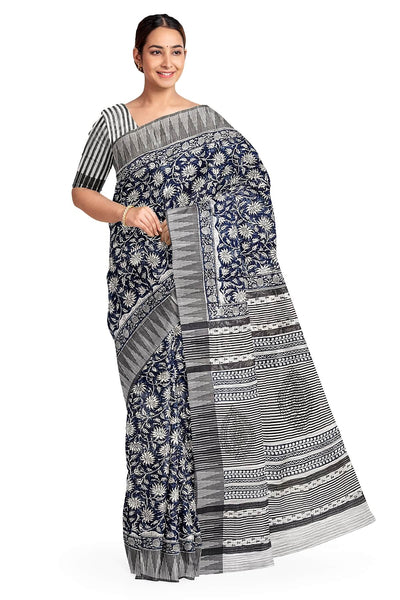 Bagru hand block print linen saree in blue