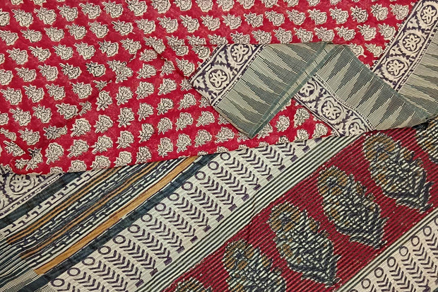 Bagru hand block print linen saree in red