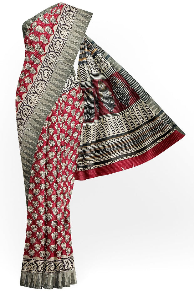 Bagru hand block print linen saree in red