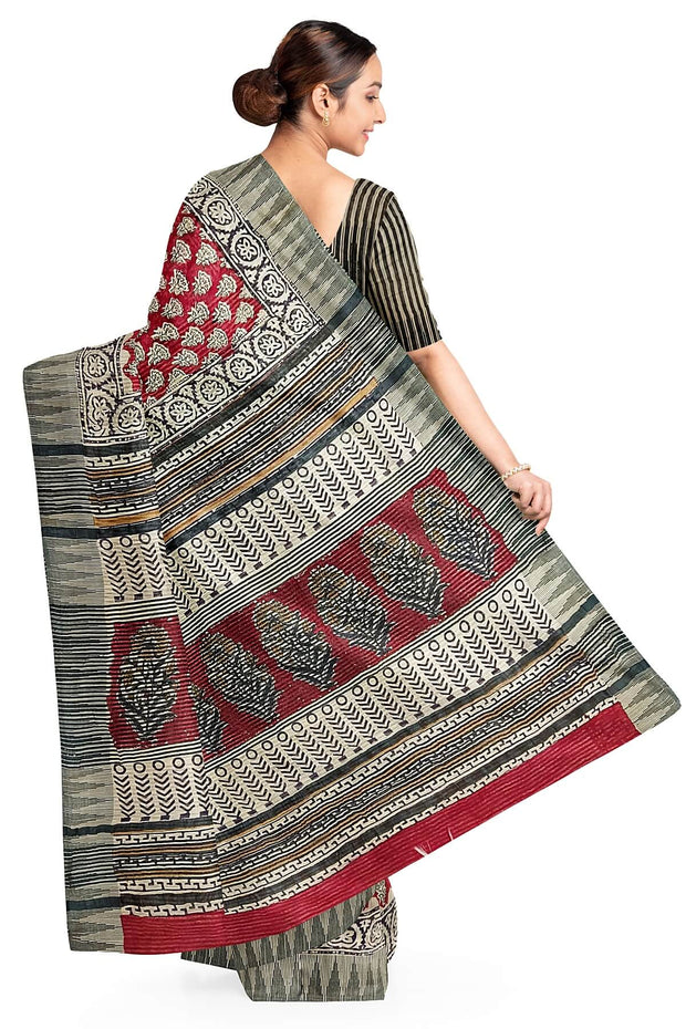 Bagru hand block print linen saree in red