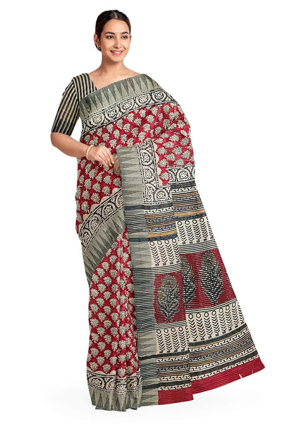 Bagru hand block print linen saree in red