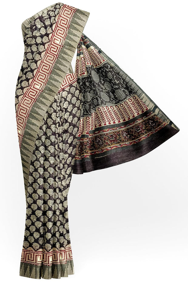 Bagru hand block print linen saree in black