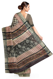 Bagru hand block print linen saree in black