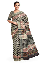 Bagru hand block print linen saree in black