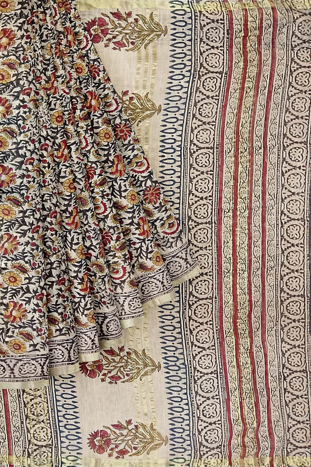 Bagru hand block print linen saree in off white in floral pattern