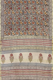 Bagru hand block print linen saree in off white in floral pattern