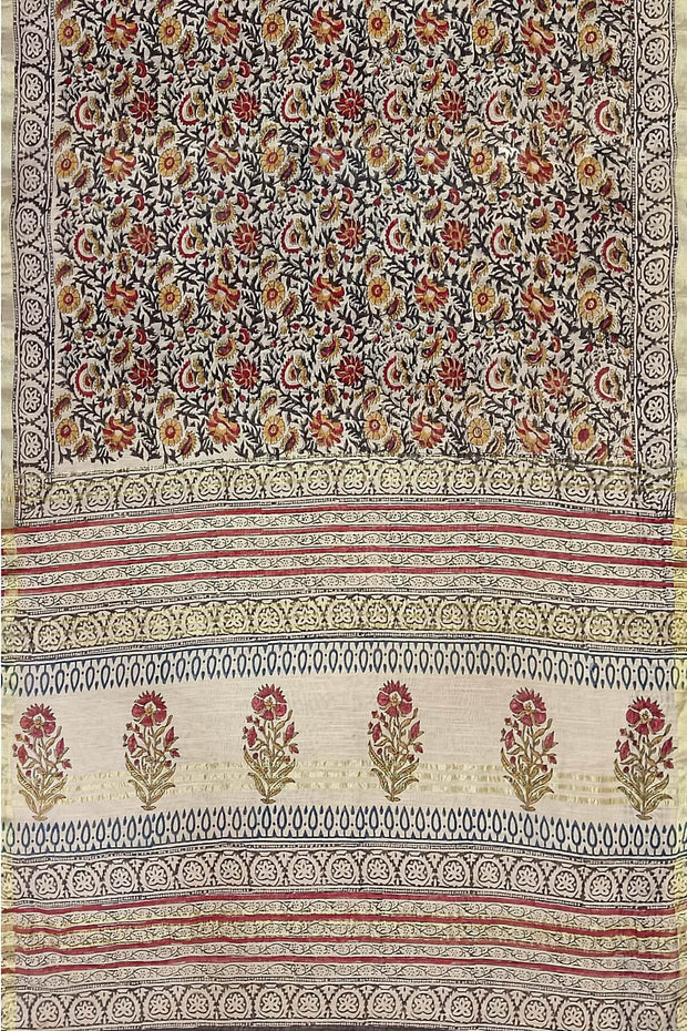 Bagru hand block print linen saree in off white in floral pattern