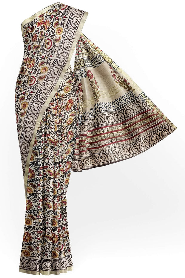 Bagru hand block print linen saree in off white in floral pattern