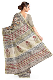 Bagru hand block print linen saree in off white in floral pattern