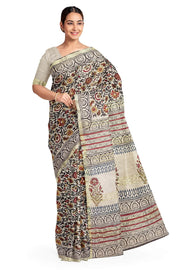 Bagru hand block print linen saree in off white in floral pattern