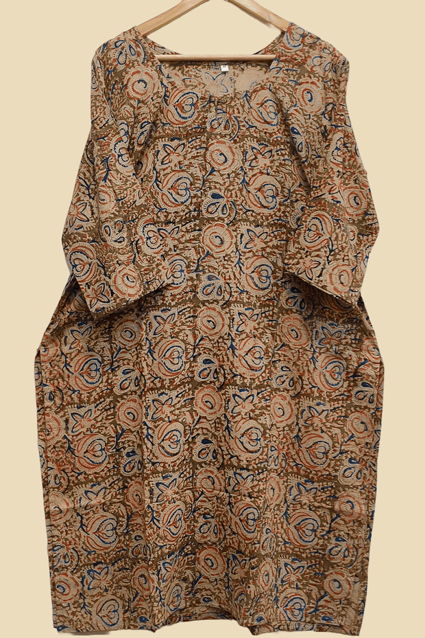 Kalamkari cotton kurti in straight cut  in olive green