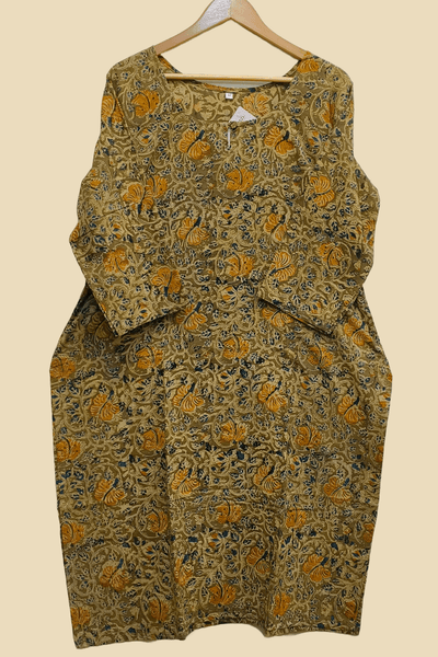 Kalamkari cotton kurti in straight cut  in olive green mustard