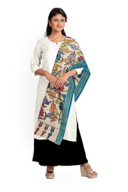 Hand painted Kalamkari pure cotton dupatta in off white with floral vines