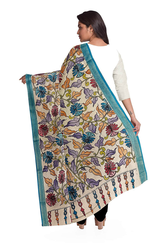 Hand painted Kalamkari pure cotton dupatta in off white with floral vines