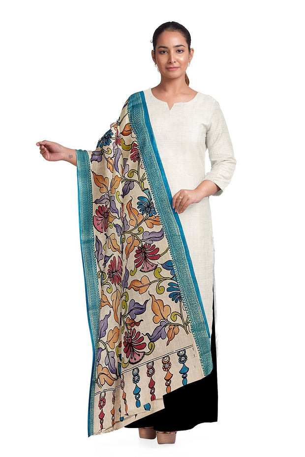 Hand painted Kalamkari pure cotton dupatta in off white with floral vines