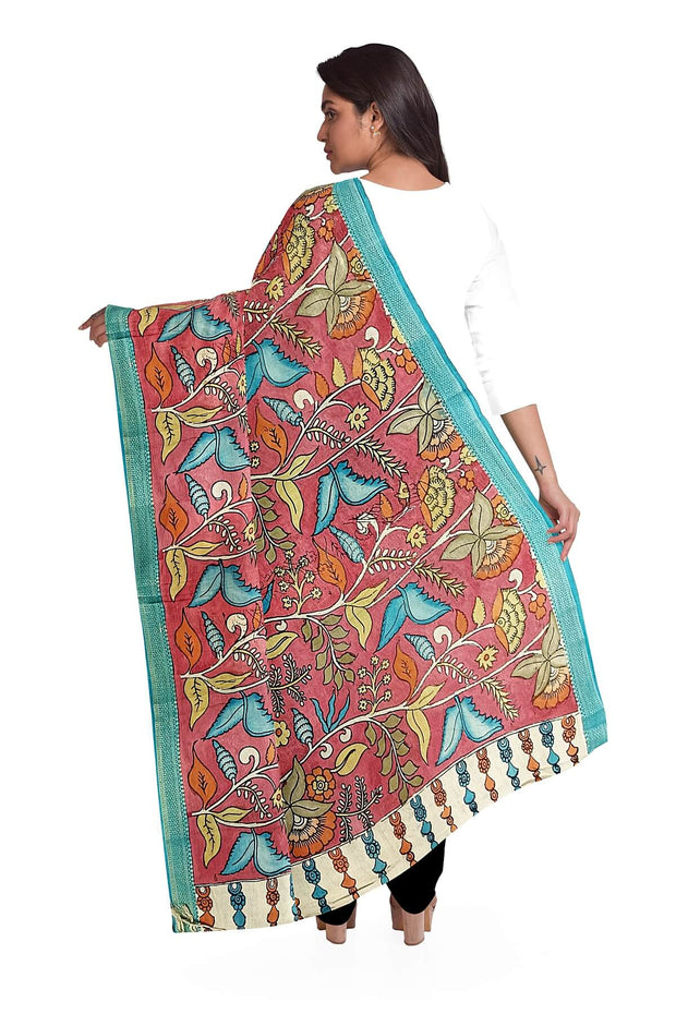 Hand painted Kalamkari pure cotton dupatta in strawberry pink with floral vines