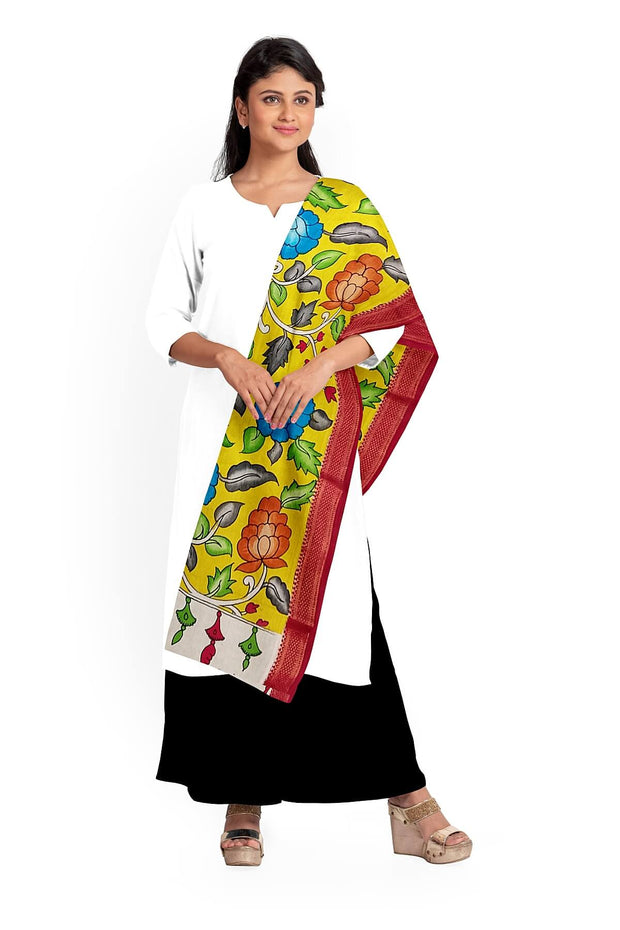 Hand painted Kalamkari pure cotton dupatta in yellow with floral vines