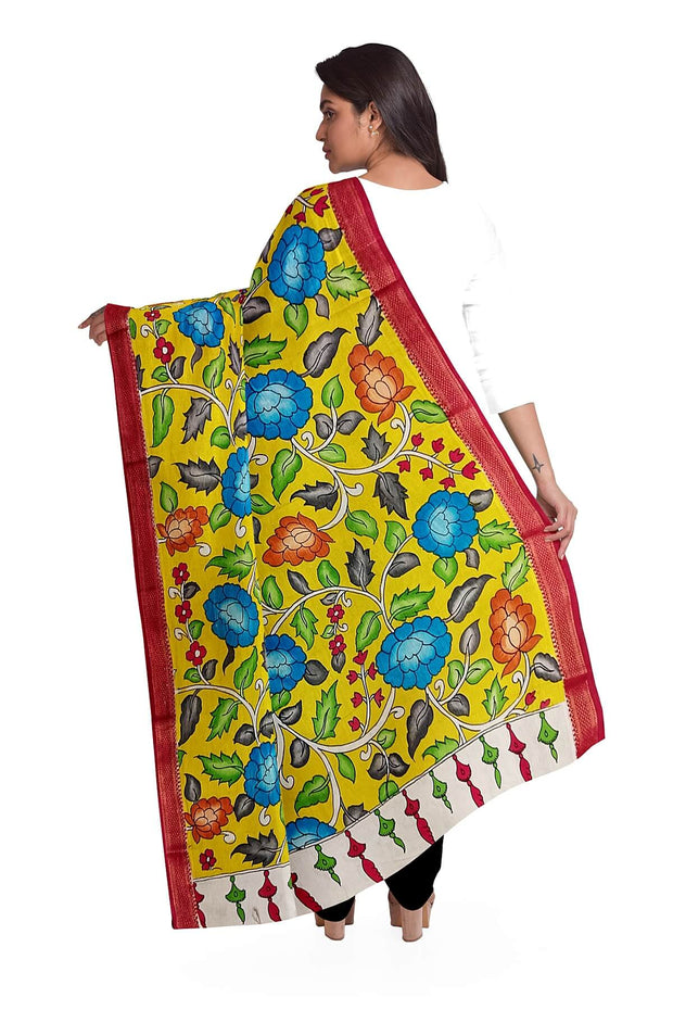 Hand painted Kalamkari pure cotton dupatta in yellow with floral vines