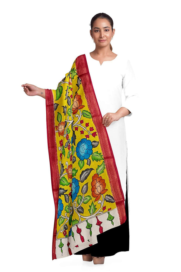 Hand painted Kalamkari pure cotton dupatta in yellow with floral vines