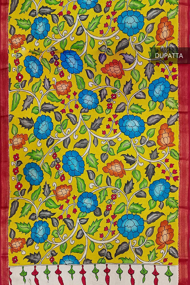 Hand painted Kalamkari pure cotton dupatta in yellow with floral vines