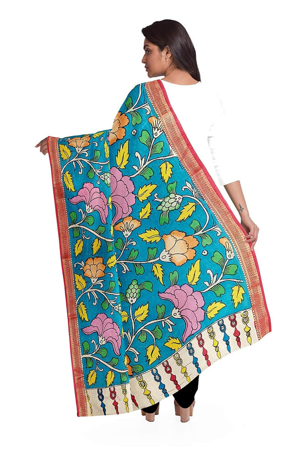 Hand painted Kalamkari pure cotton dupatta in blue with floral vines