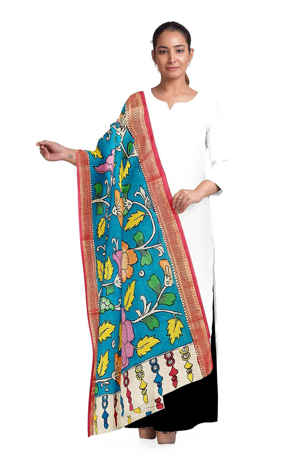 Hand painted Kalamkari pure cotton dupatta in blue with floral vines