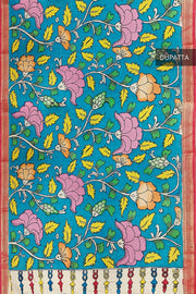 Hand painted Kalamkari pure cotton dupatta in blue with floral vines