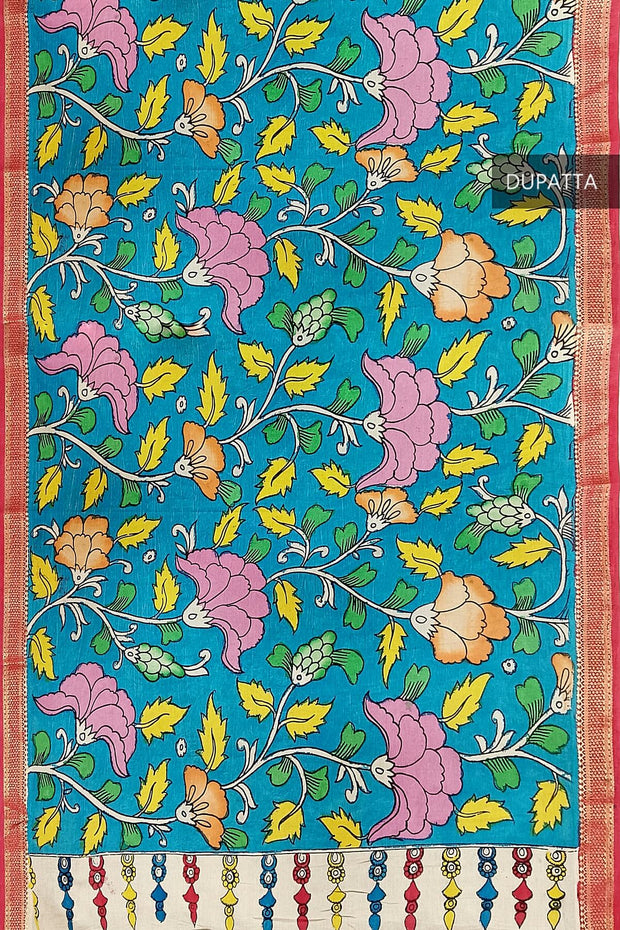 Hand painted Kalamkari pure cotton dupatta in blue with floral vines