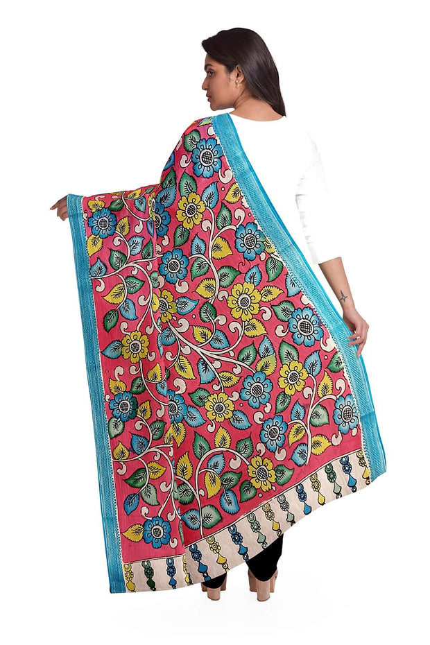 Hand painted Kalamkari pure cotton dupatta in pink with floral vines