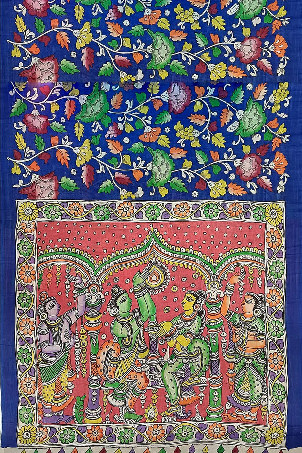 Hand painted kalamkari on Bangalore silk saree in blue with floral vines