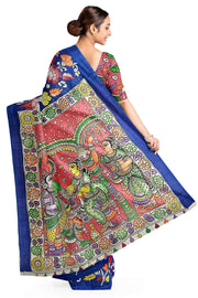 Hand painted kalamkari on Bangalore silk saree in blue with floral vines