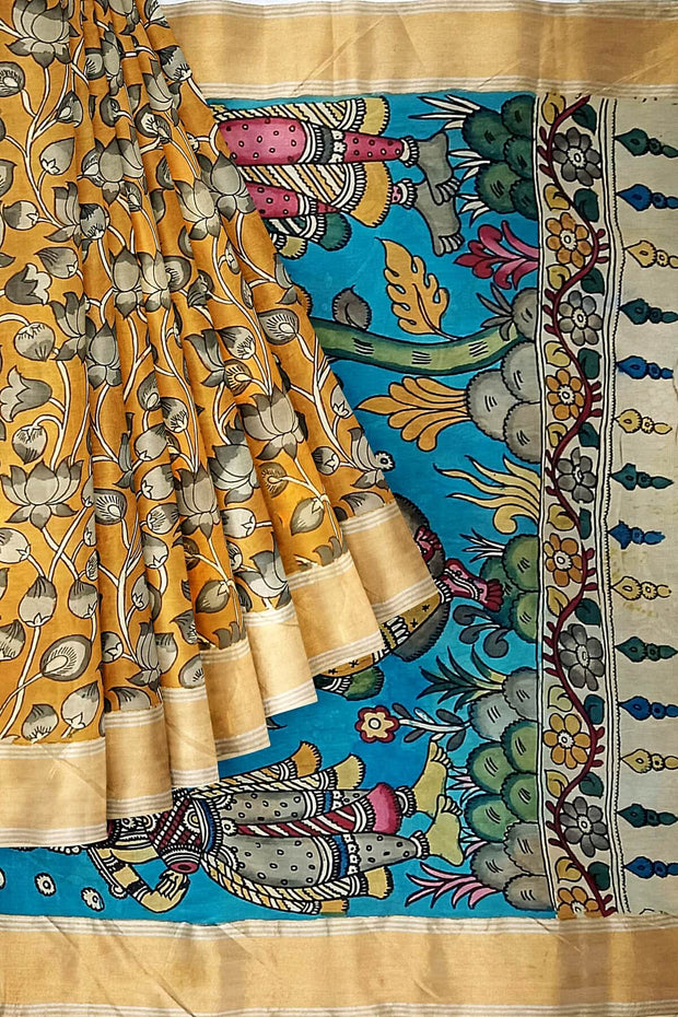 Hand painted Kalamkari on Bangalore silk saree in wheat brown